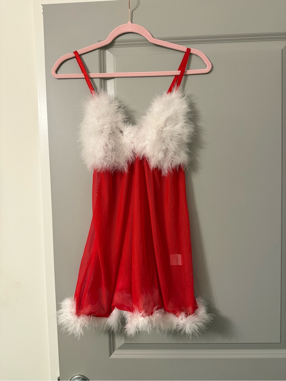 Avidlove Red White Feather Trim Babydoll Lingerie Christmas